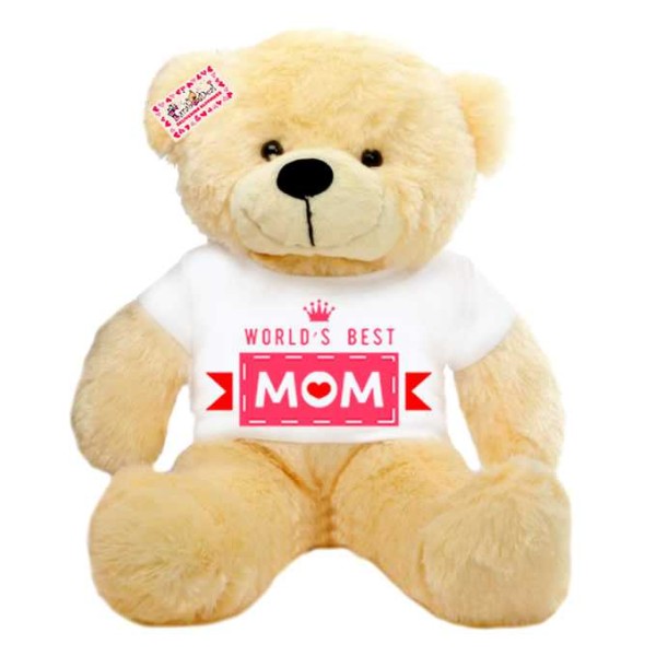 2 feet big peach teddy bear wearing Worlds Best Mom T-shirt